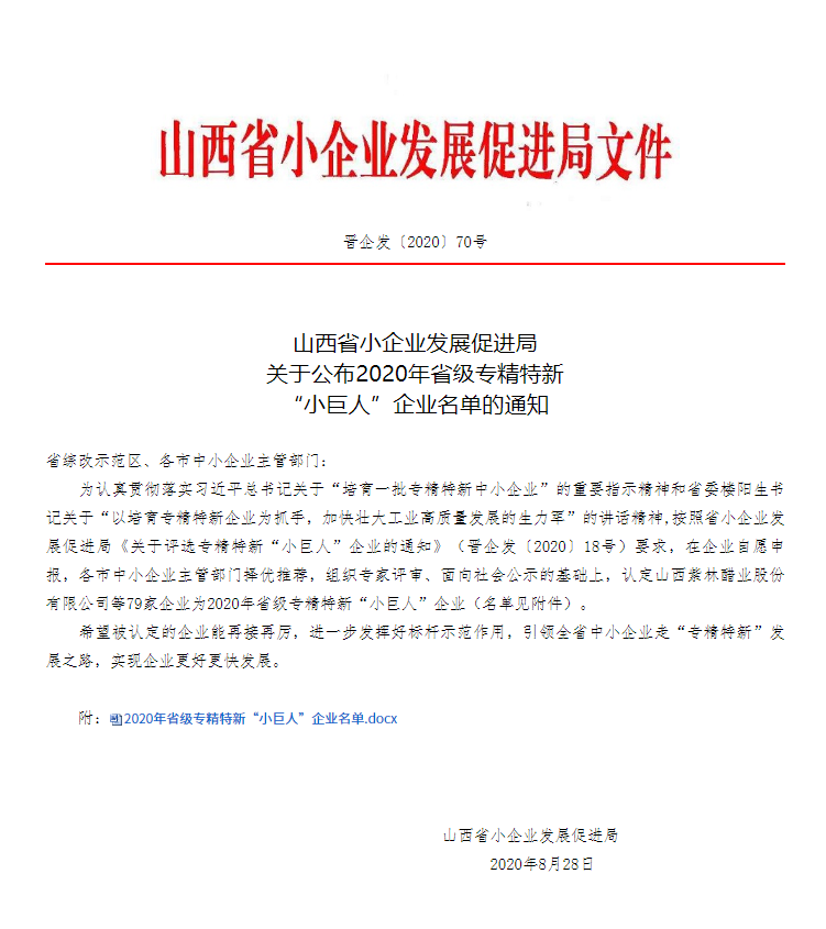 喜訊！熱烈慶祝我司被認(rèn)定為山西省“專精特新”小巨人企業(yè)！